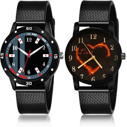 NEUTRON Brand New Chronograph Casual And Heart Love Valentine Black Colour Analog Plastic And Metal Belt 2 Watch Combo For Boys And Men - BRM27-BCPL28