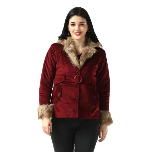 BuyNewTrend Women Maroon Velvet Winter Jacket