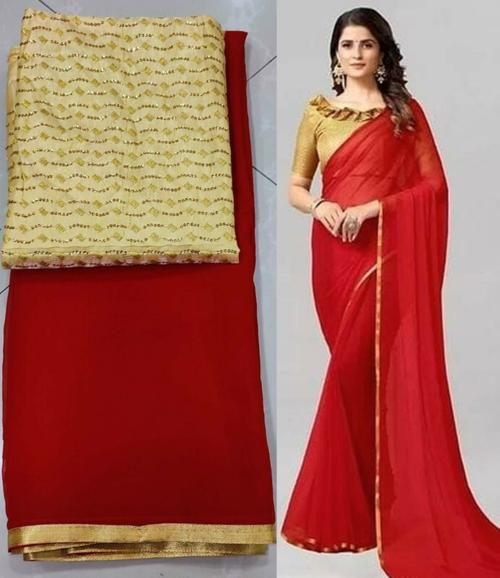 Sareez House Women Red Solid Chiffon Bollywood Saree (F-Weave-Red)