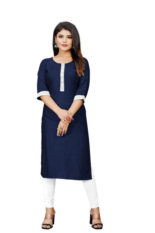 Helwin Designer Women Blue Embroidery Rayon Sequence Regular A-Line Kurti (M)