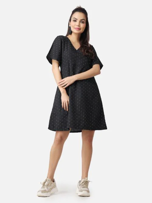 Popwings Women Black Polka Dot Printed Fit & Flare Knee Length Tunic Dress