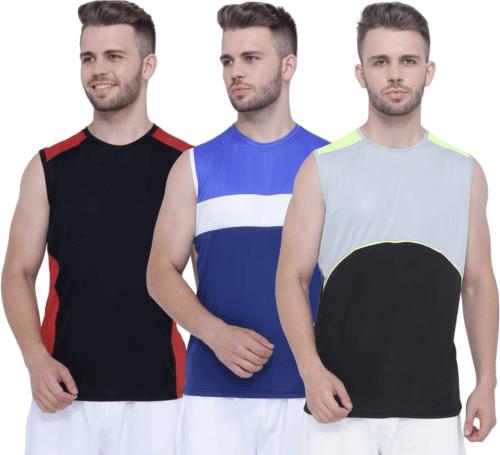PRIME PLUS Multicolor Solid Polyester Round Neck Gym Vest - L (Pack of 3)