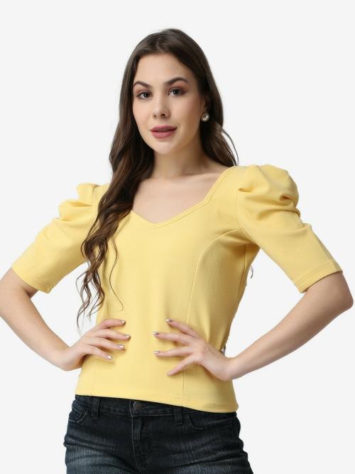 Popwings Casual Women's Lime Yellow V Neck Puff Sleeves Short Length Top | Tops for Women | Tops For Women Stylish | Tops Latest Design For Women