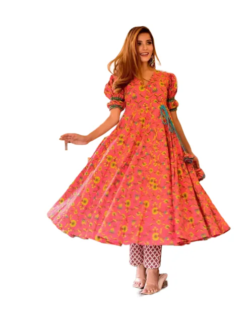 Clickedia Women's Fully Stitched Printed Rayon with Tassels Angarkha Style for Side fit Dori and Stylish Sleeves work Jaipuri Kurta and Pant Set