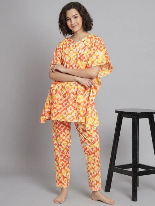 SEPHANI Women Orange Colour Kaftan Sets Cotton Fabric With Pyjama| TRENDY AND COMFORTABLE