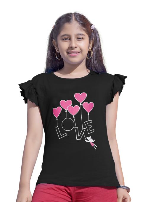 PEPP N HAGG 100% COTTON Biowash Girls Black Half sleeve T-Shirt-LOVE