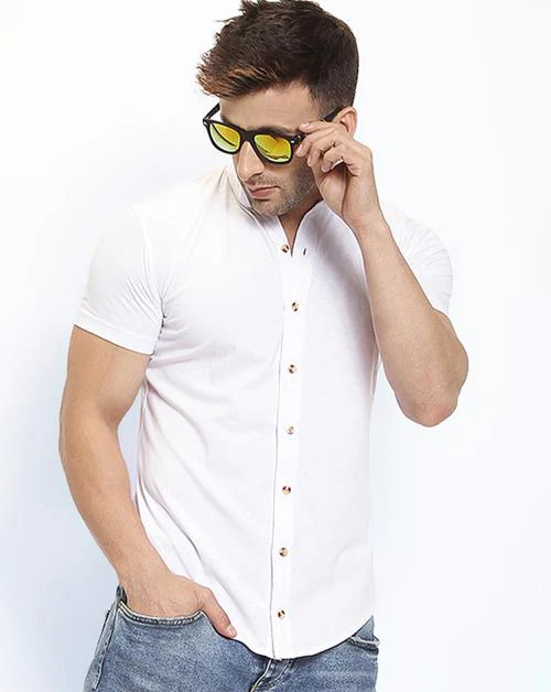 Gespo Men's White Solid Cotton Blend Half Sleeve Shirt
