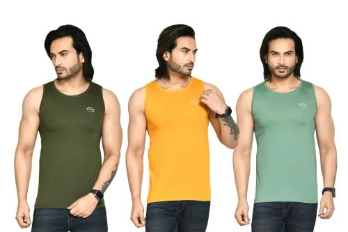 Roy's Casual Regular Fit Round Neck Solid Cotton Sleeveless Tank Tops Gym Vest for Men I Perfect for Gymwear & Sports - Dark Green, Yellow & Olive Green, Size - XXL