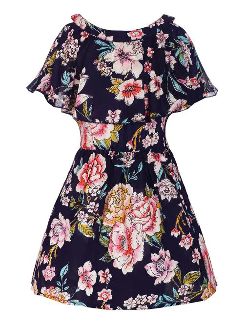 Naughty Ninos Girls Blue Floral Print Cotton Rayon Blend Fit and Flare Dress