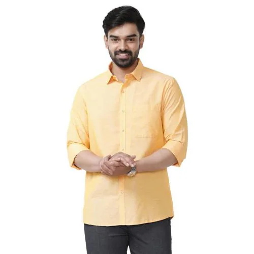 UATHAYAM Linen Classic Color Yellow Solid Full Sleeve Shirt for Men (Pack of 1)