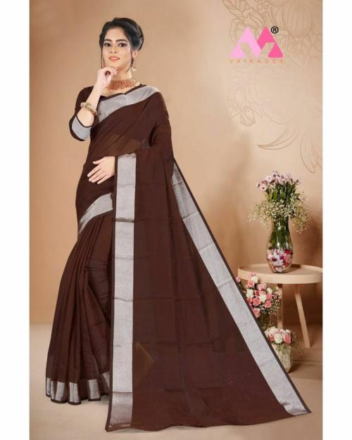 VKARAN Women's Brown Chiffon Plain Saree With Blouse