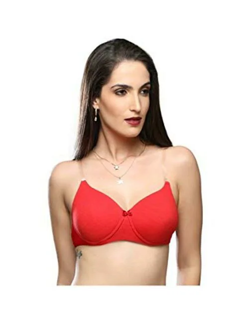 Lovable Women's Cotton Lycra Full Support Padded Wirefree Seamless Full Coverage With Transparent Strap T-Shirt /Blouse /Saree Bra (Red_Size-32B)
