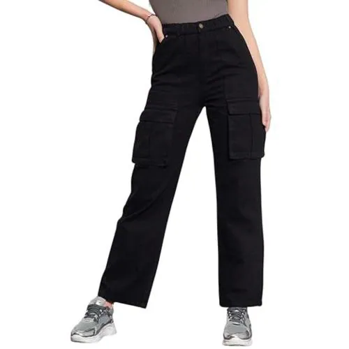 LVANSH Fashion High Waist Cargo Denim Jeans for Women Wide Leg Stretchable Straight Fit Jeans Black-30