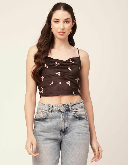 Moomaya Printed Velvet Crop Tops For Women Adjustable Spaghetti Straps Sweetheart Neck Crop Top