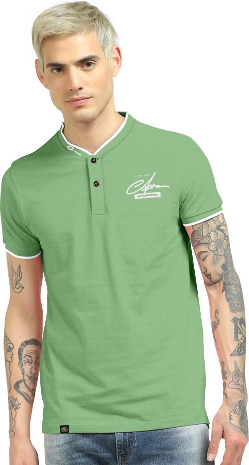 AJ Brothers Men Green Typography Cotton Blend Mandarin Collar T-Shirt - XL