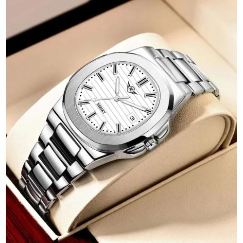 REESKY Luxury Silver Stainless Steel White Dial Wrist Watches Date Chronograph Analog Watch - For Men