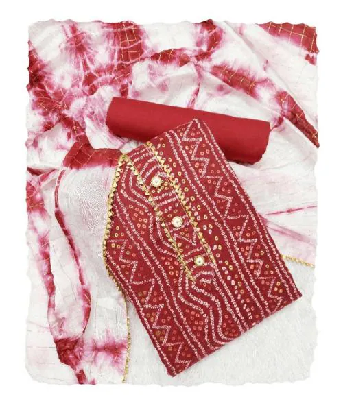 Sidhidata Women's Rajasthani Bandhani/Bandhej Printed Heavy Cotton Blend Unstitched Salwar Suit Dress Material With Chanderi Zari Checks Dupatta Red