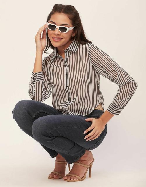 Moomaya Printed Button Down Collared Sheer Shirts, Long Sleeve High Low Hem Top