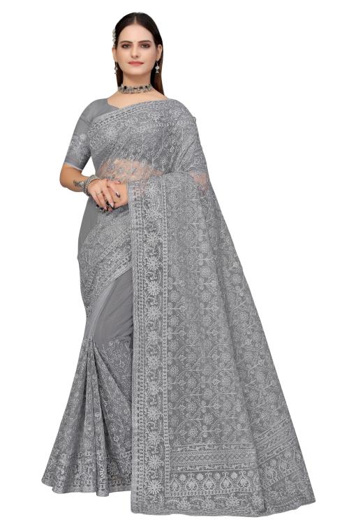 Mahotsav Grey Net Embroidered Saree with Net Blouse