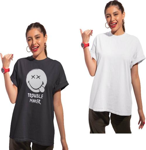 Omneto Women Multicolor Self Design Pure Cotton Pack Of 2 T-Shirt (S)