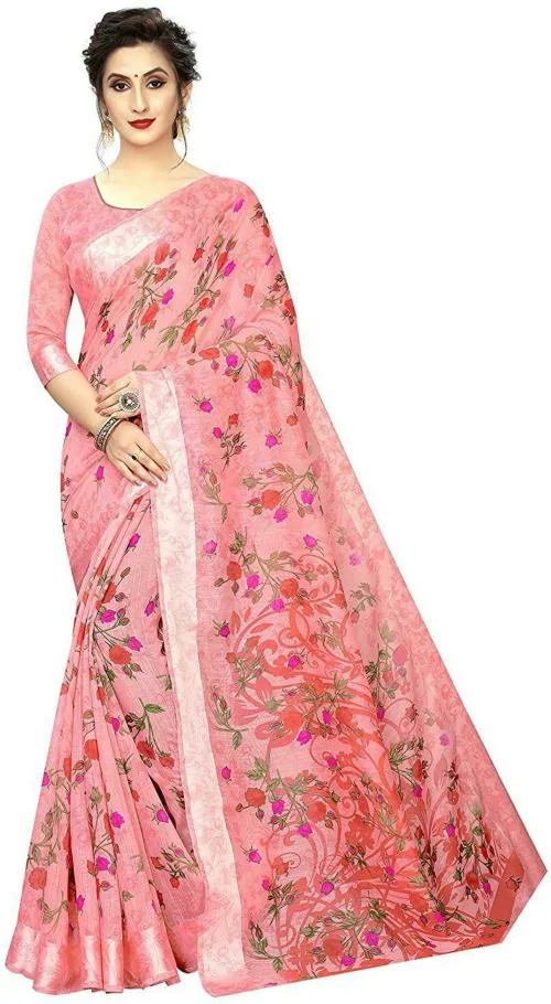Rooptara Women Pink Cotton Jute Blend Floral Saree With Blouse Piece