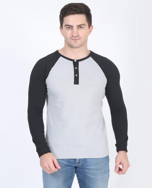 Diaz Color Block Men Henley Neck Red T-Shirt | Men's Regular Fit T-Shirt | Men's Cotton Full Sleeves Colorblocked Round Neck T-Shirt Black L