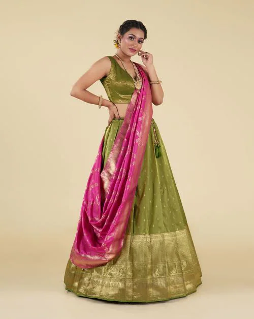 Buy HALFSAREE STUDIO Light Green Banarasi Silk Zari Woven Pattu Half Saree Online at Best Prices