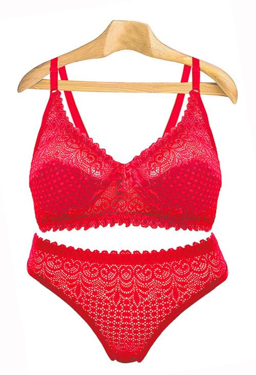 DHANDAI FASHION Women Red Self Design Lace Bra and Panty Set