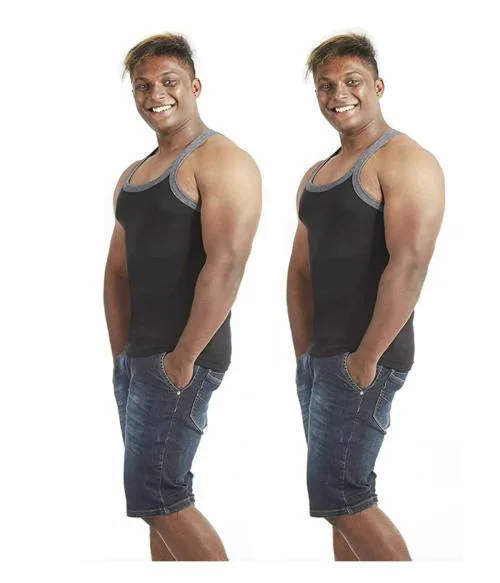 Crepeon Gym Vests for Mens - Pure Cotton Regular Fit Round Neck Innerwear Vest| Pack of 2 | Multicolour | S