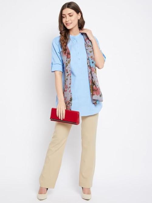 Louis Bayrad Cotton Shirts for Women, Stand Collar Long Sleeve Casual Loose Tunic Tops Shirt Blouse Tops Casual, Office, (Sky Blue, X-Large)