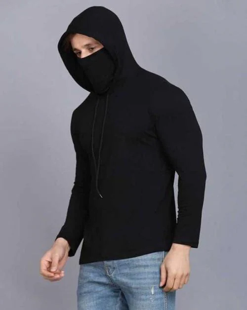 REVIZO Men & Women Mask Full Sleeve T-shirt / Hooded Sweatshirt,Black