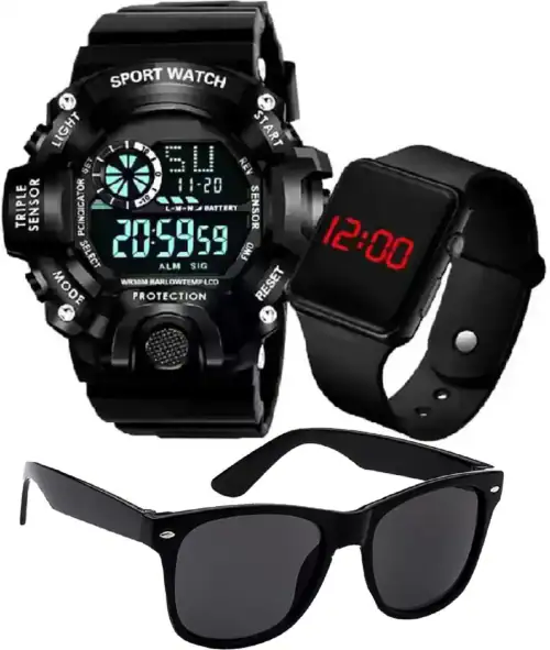 Bizolo Fashionable Latest Digital Watch Combo Pack of 3 Original Best Digital Kids Boys Sports Look Band Chronograph Resistance Combo Sunglasses Wayfarer Wrist Watch LED Calendar Waterproof Digital Watch - For Boys& men