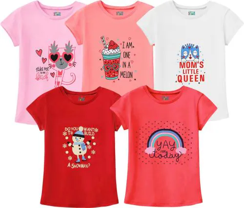 Little Zing Girls Multicolor Pure Cotton Graphic Print Pack Of 5 T Shirt | Girls tshirt | Kids Tshirt | Kids Wear | Tshirt for Girls | Baby Clothes | T shirt for Girls | Girl T-shirt