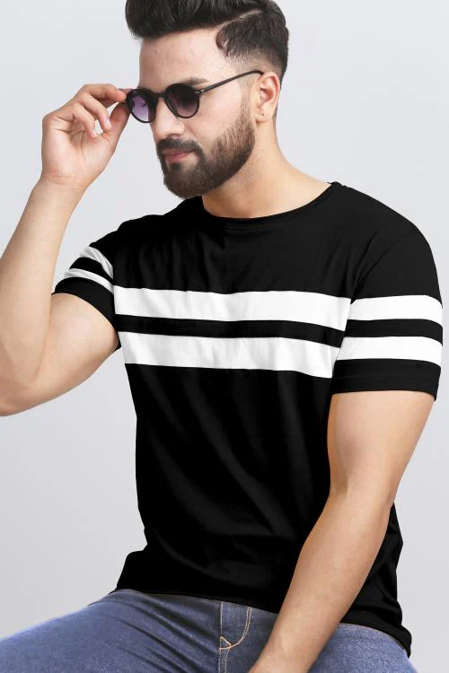 Ausk Men's Black & White Colorblocked Round Neck Half Sleeve Casual T-Shirt
