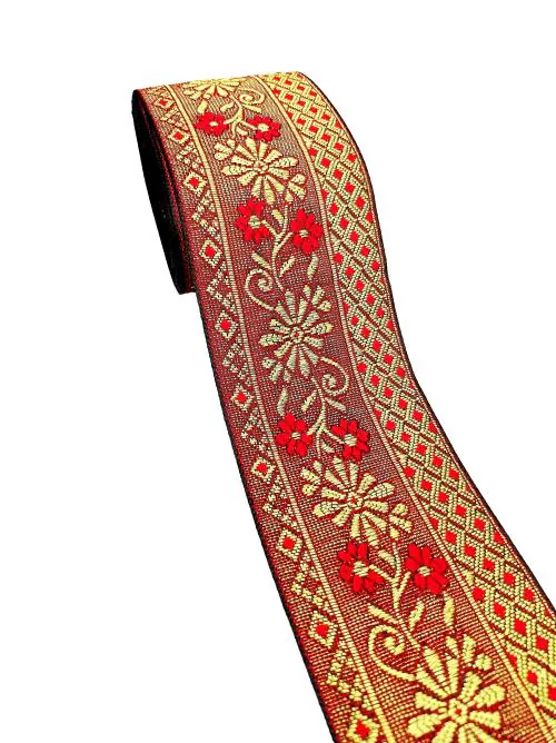 FRIJVEN Jacquard Woven Heavy Design Falls Lace Border for Saree, Kurti, Dress, Bandhani, Lehenga, Decorative Ribbon ( 7.5 cm Width) (9 Meter, Red)