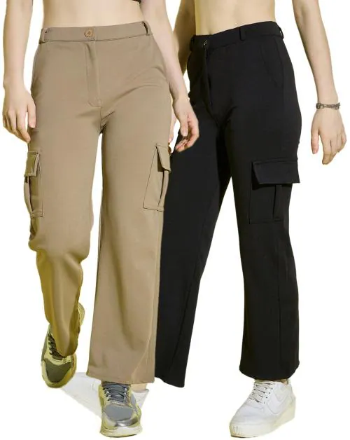 Buynewtrend Black Beige Straight Fit Full Length Solid Cargo Pants | Women Casual Pant Combo-Pack of 2