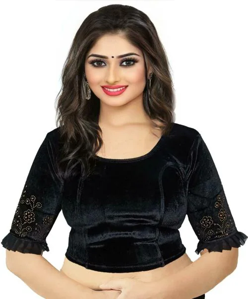 PU Fashion Women Black Embellished Velvet Blouse