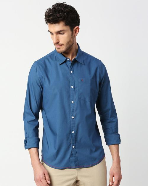 Thomas Scott Men Blue Cotton Slim Fit Shirt With Patch Pocket (L)