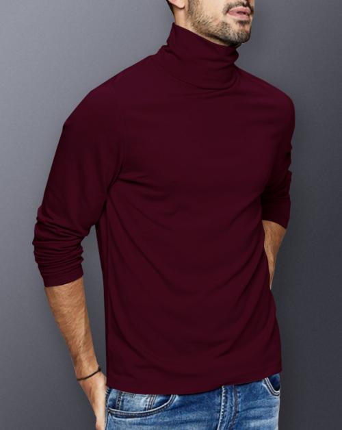 Noble Monk Men's High Neck Regular Fit Full Sleeves Solid Maroon T-Shirt