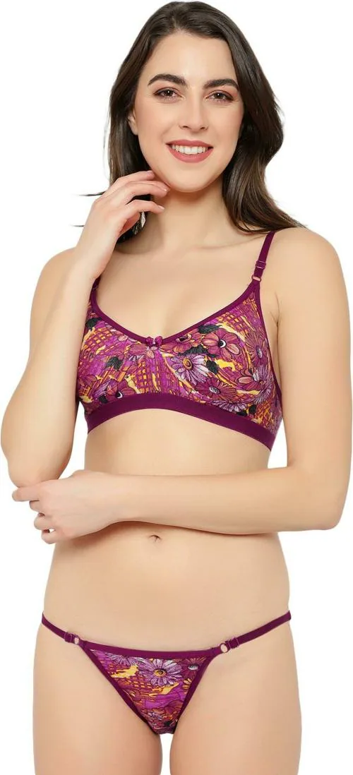 Tace Women Purple Floral Cotton Silk Lingerie Set