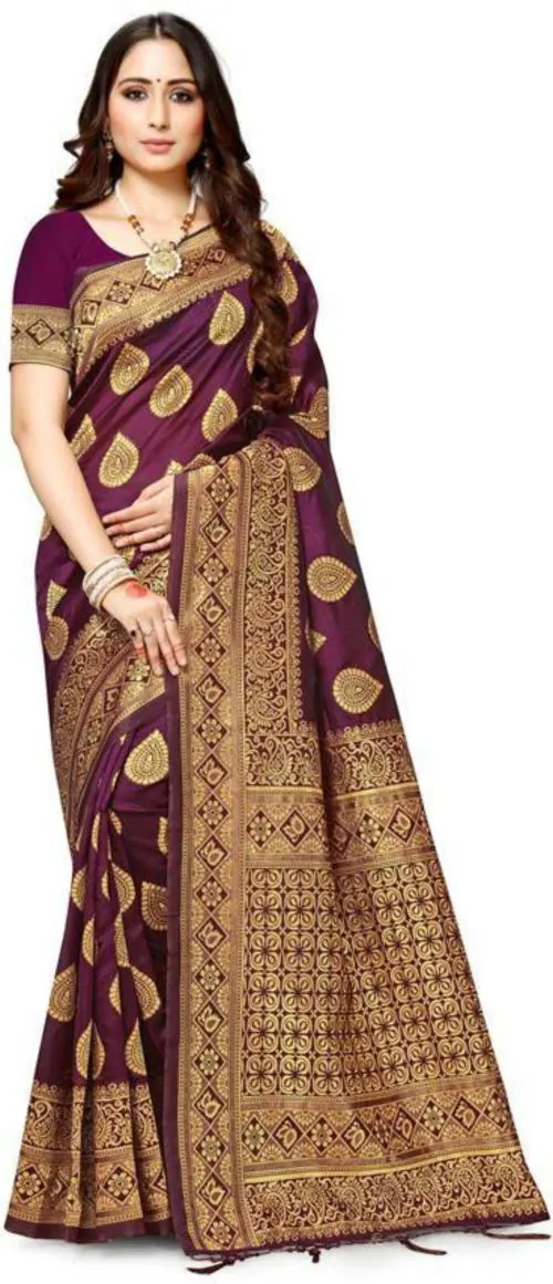 NENCY FASHION Women Purple Woven Jacquard Banarasi Saree with Unstitched Blouse Piece (SPSY_DK36WINE)