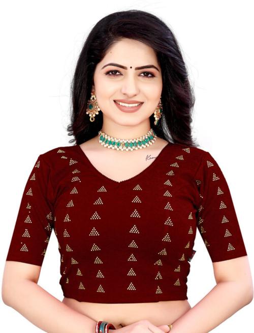 HAUTELOOK Women Maroon Printed Lycra Blend V-Neck Blouse (L)