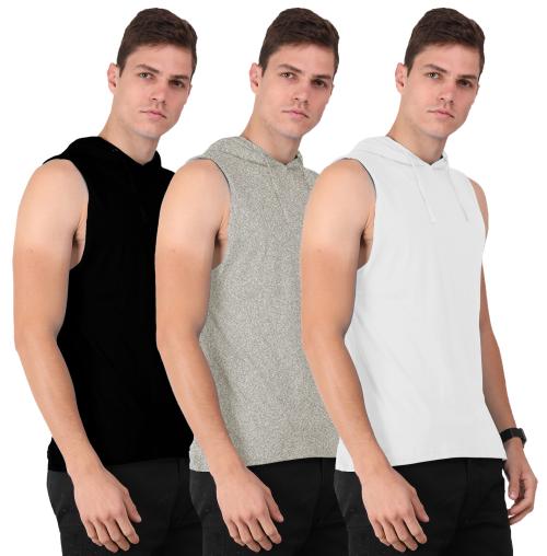 THE BLAZZE Men's Cotton Hooded Sleeveless Gym Tank Gym Stringer Tank Top Muscle Gym Bodybuilding Vest T-Shirt Combo Pack of 3