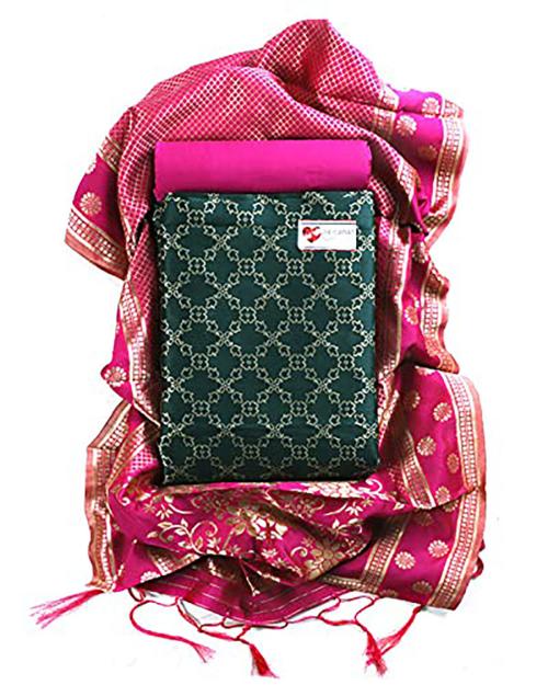 Sun Fashion and Lifestyle Women Green and Rani Woven Cotton Silk Unstitched Salwar Suit Dress Material with Dupatta