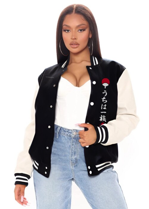 Black - Small Uchiha Clan Symbol X Uchiha Clan Naruto Anime Varisty Jacket For Women TeesTheDay