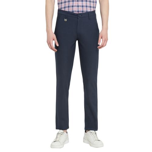 Narrow Fit Viscose Poly Spandex Blue Solid Casual Trouser for Men