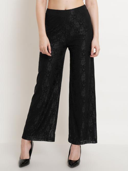 Regular Fit Black Solid Midrise Women Floral Net Trouser ! Partywear Black Net Floral Fabric Wide Leg Trouser for Women