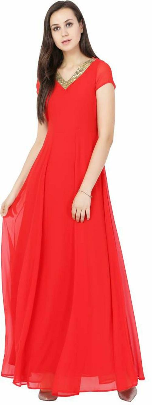 scenestealer Women Red Solid Poly Georgette Maxi Dress - 4XL