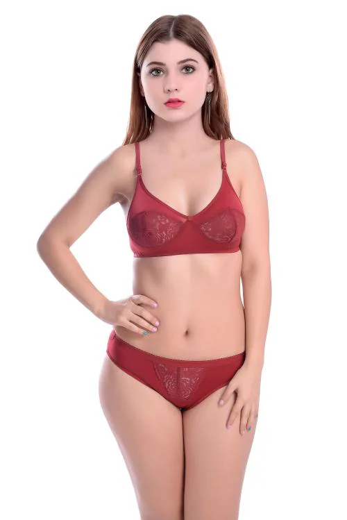 In-Curve -Women Net Bra Panty Set for Lingerie Set ( Pack of 1 ) ( Color : Maroon )