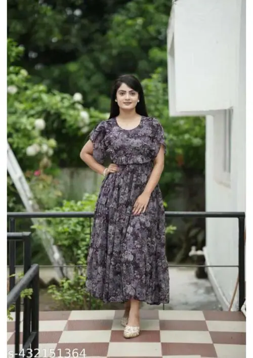 Amar Fashion Women's Heavy Georgette Gown - Vibrant Colors And Adorable Patterns - Long Printed Gown With Fancy Sleeves Pattern - Perfect For Casual, Wedding, Party & Every Occasion (Colour - Purple) (Size -XXXL)